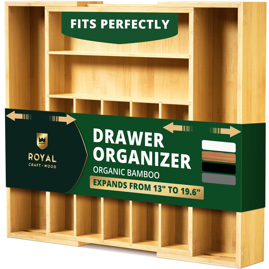 ROYAL CRAFT WOOD Luxury Bamboo Kitchen Drawer Organizer - Silverware Organizer - Utensil Holder and Cutlery Tray with Grooved Drawer Dividers for Flatware and Kitchen Utensils