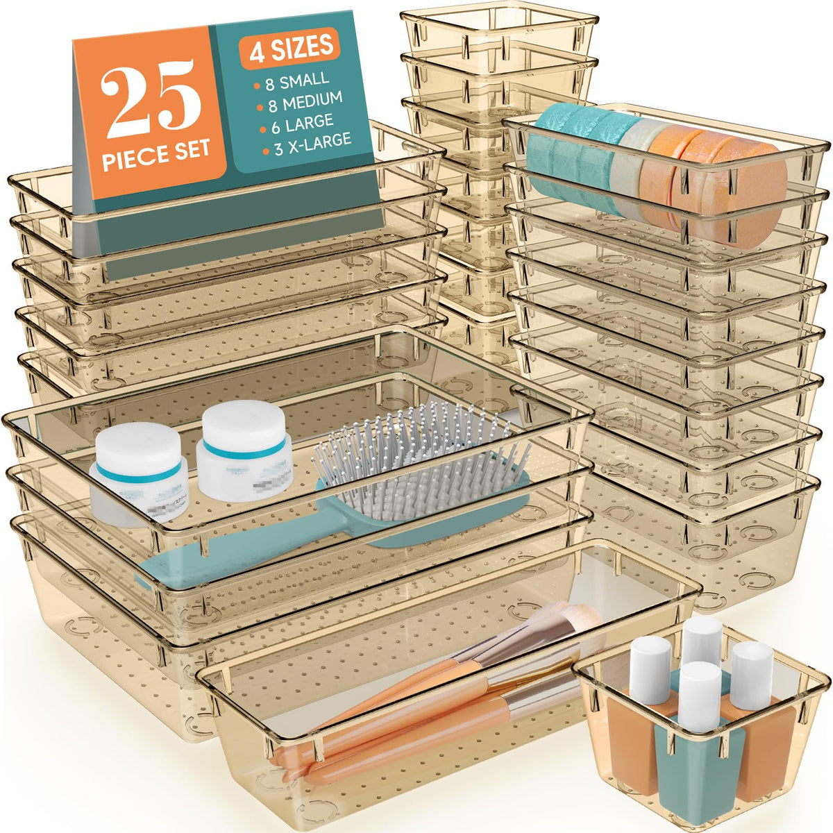 25-Piece Clear Plastic Drawer Organizer Tray Set