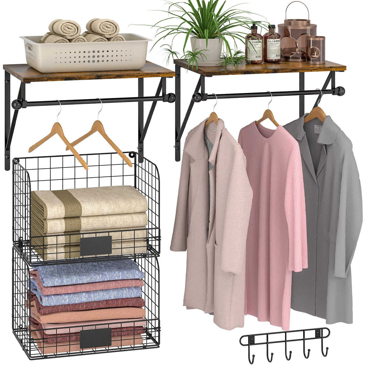 Wall-Mounted Laundry Shelves with Baskets & Drying Rack