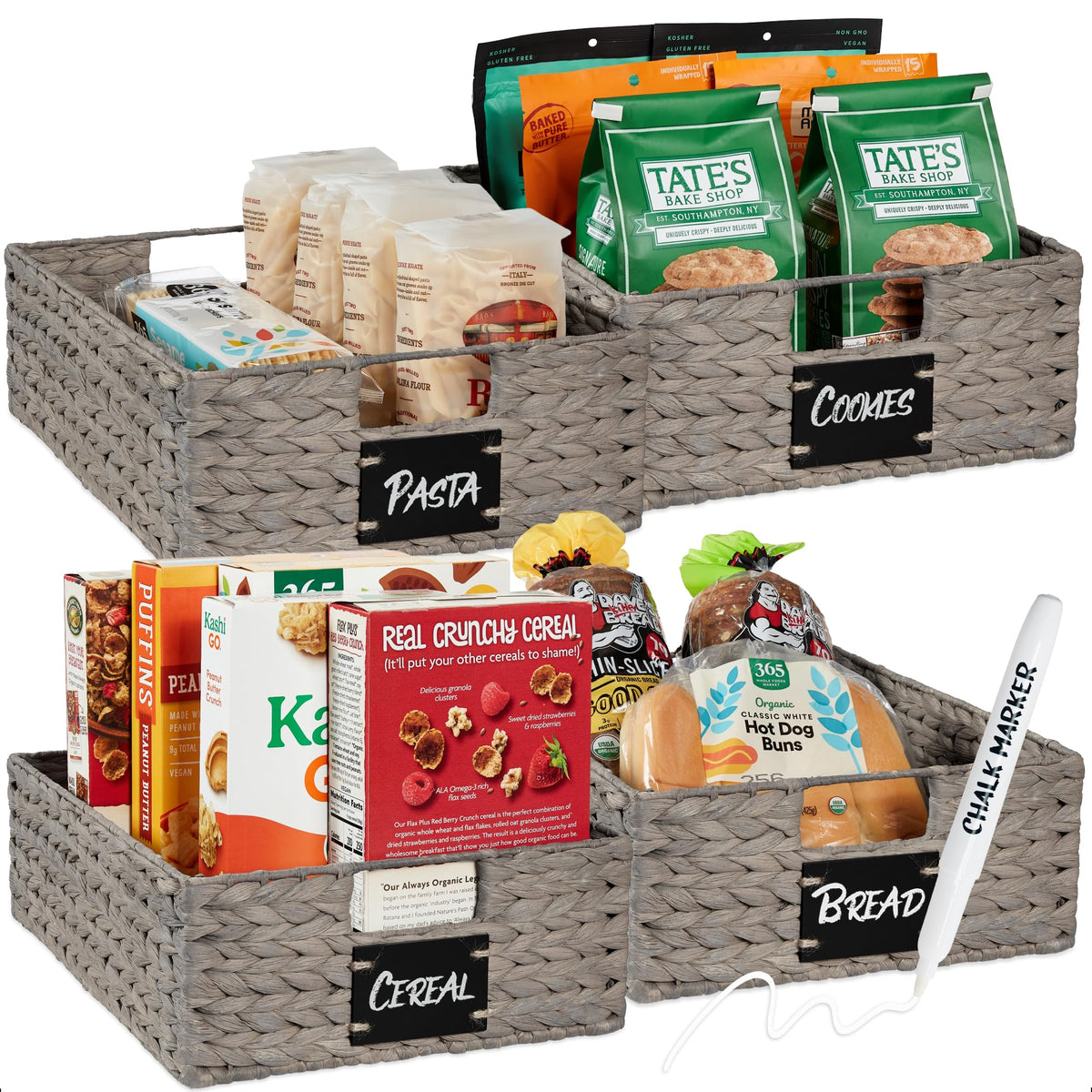 Best Choice Products Set of Woven Water Hyacinth Pantry Baskets w/Chalkboard Label, Chalk Marker