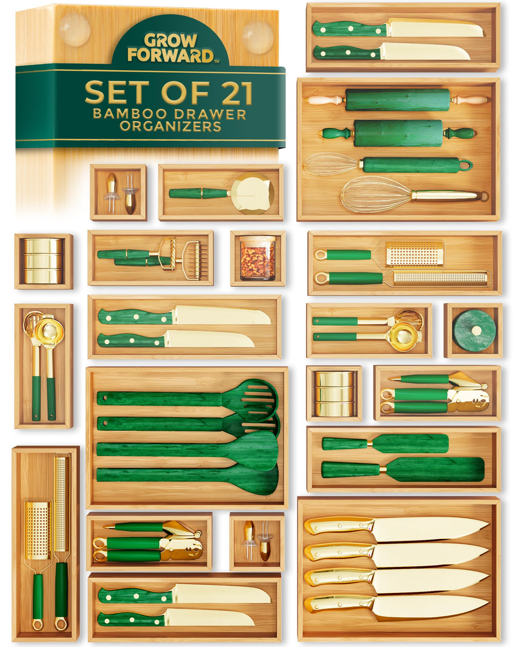 Grow Forward Bamboo Drawer Organizer Boxes - Wooden Drawer Organizers for Kitchen, Bathroom, Office, Desk, Vanity, Makeup - Non-Slip Junk Drawer Organizer Trays for Storage and Organization