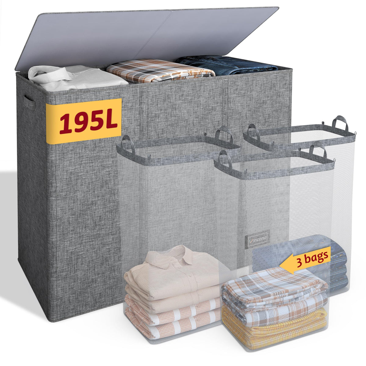 195L Large Laundry Hamper with Lid for Clothes Storage