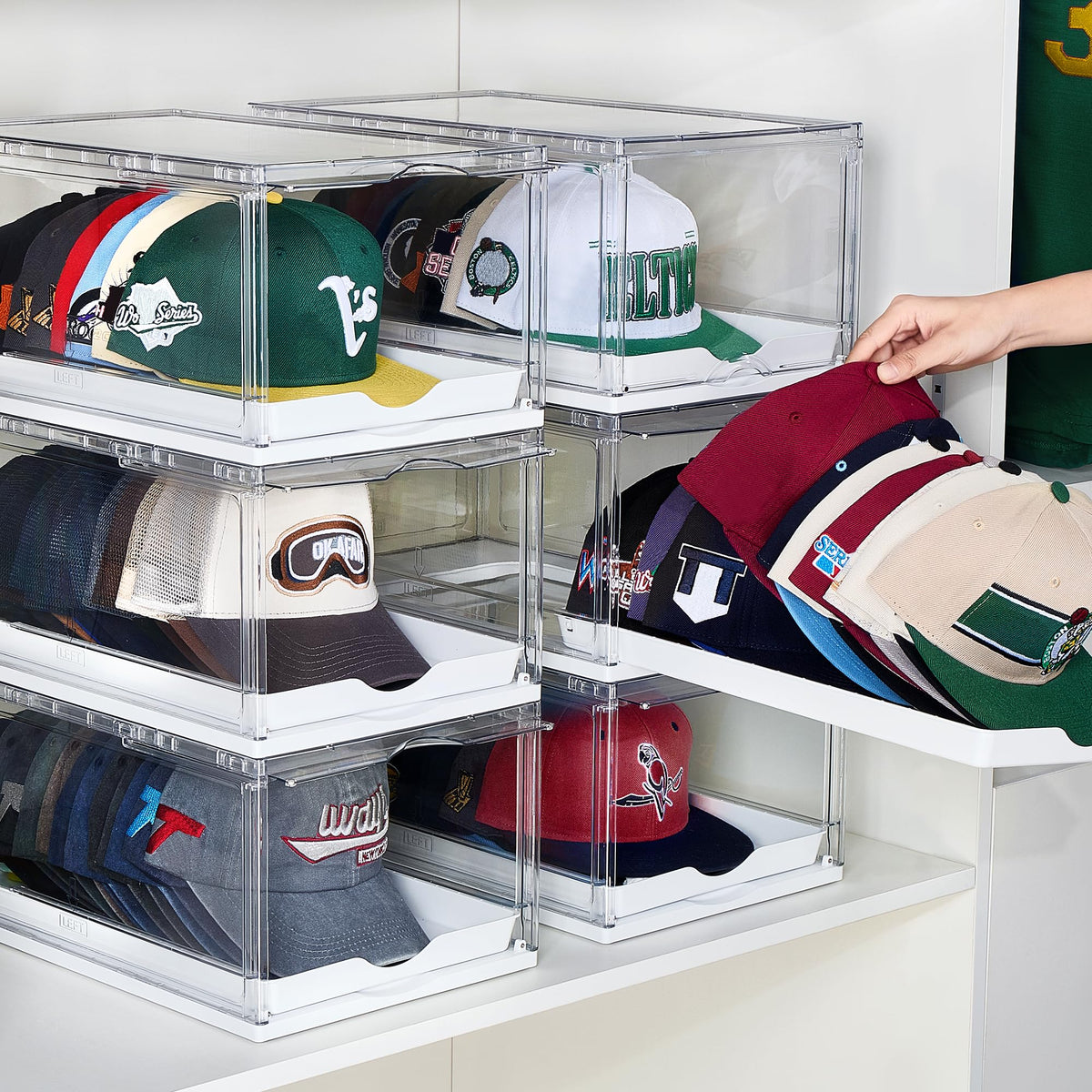 Vtopmart Hat Organizer for Baseball Caps, Clear Hats Holder Box with Drawer, Large Cap Storage with Sliding Tray, Stackable Rack Display Case with Magnetic Door, Each Holds 12 Hats