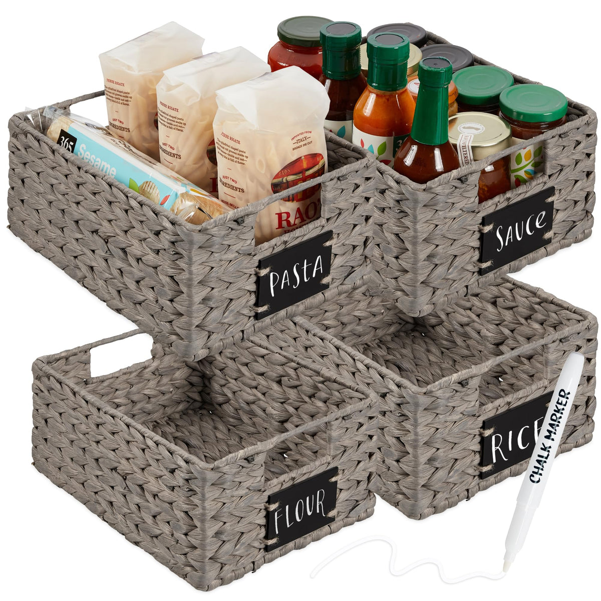 Best Choice Products Set of Woven Water Hyacinth Pantry Baskets w/Chalkboard Label, Chalk Marker