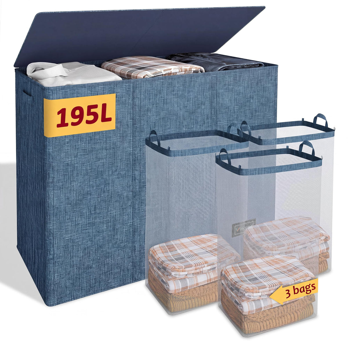195L Large Laundry Hamper with Lid for Clothes Storage