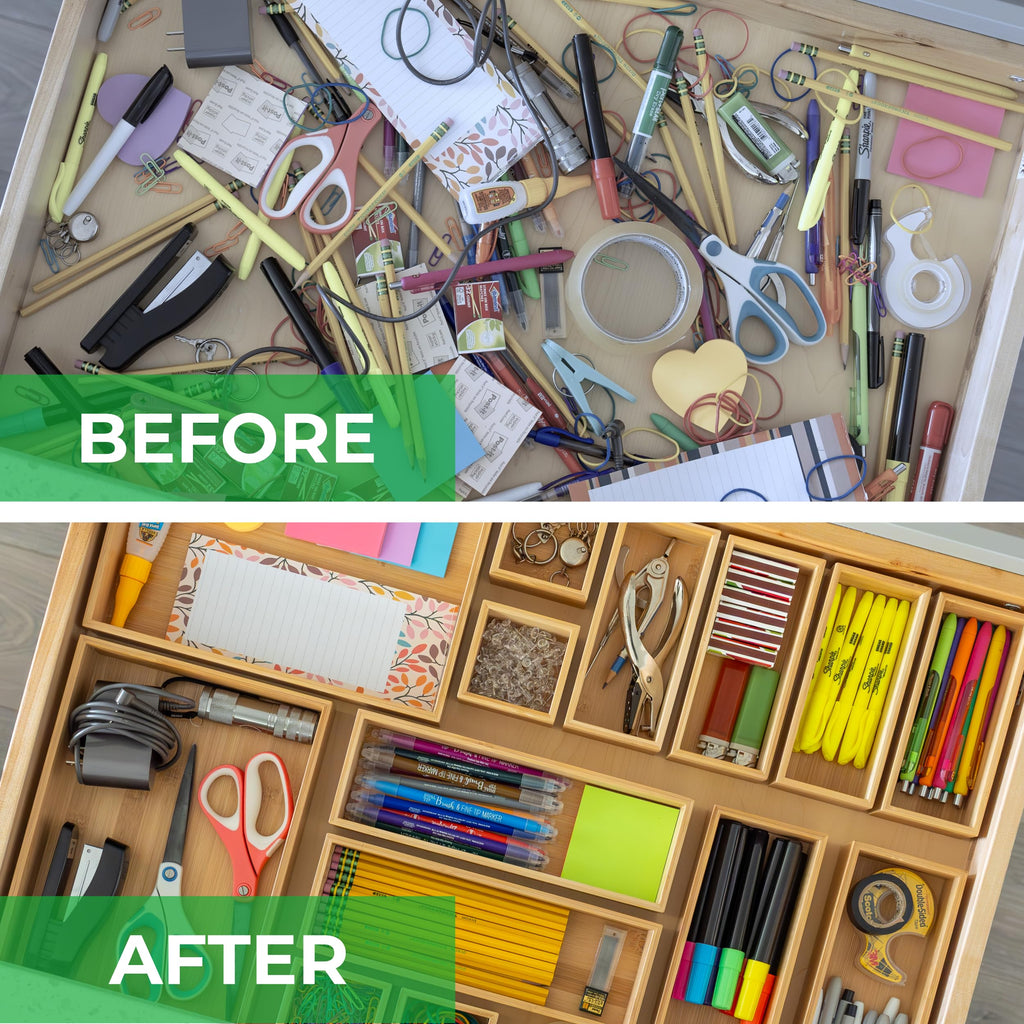 Grow Forward Bamboo Drawer Organizer Boxes - Wooden Drawer Organizers for Kitchen, Bathroom, Office, Desk, Vanity, Makeup - Non-Slip Junk Drawer Organizer Trays for Storage and Organization