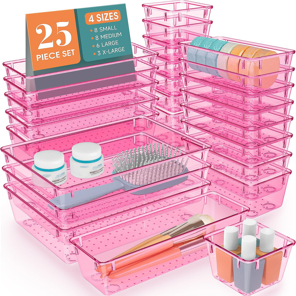 25-Piece Clear Plastic Drawer Organizer Tray Set