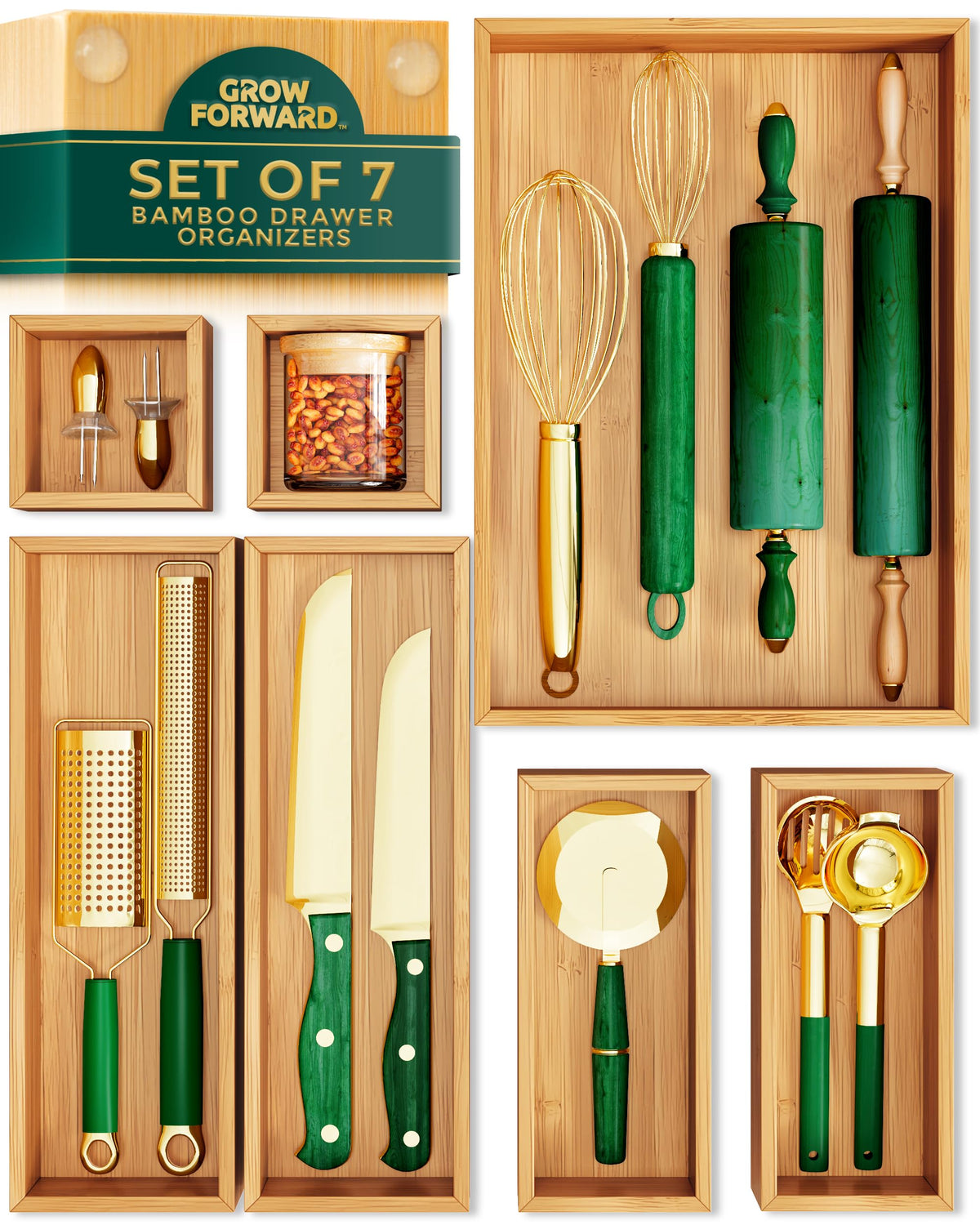 Grow Forward Bamboo Drawer Organizer Boxes - Wooden Drawer Organizers for Kitchen, Bathroom, Office, Desk, Vanity, Makeup - Non-Slip Junk Drawer Organizer Trays for Storage and Organization