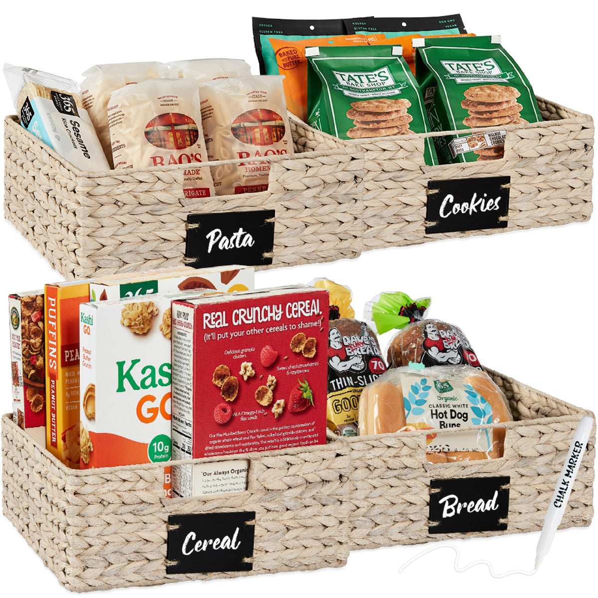 Best Choice Products Set of Woven Water Hyacinth Pantry Baskets w/Chalkboard Label, Chalk Marker