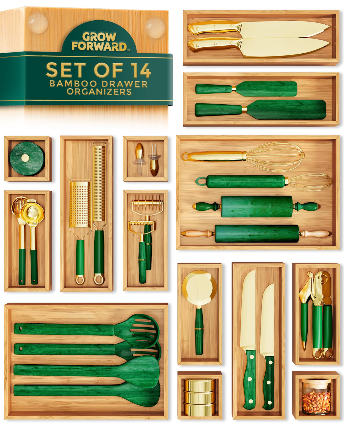 Grow Forward Bamboo Drawer Organizer Boxes - Wooden Drawer Organizers for Kitchen, Bathroom, Office, Desk, Vanity, Makeup - Non-Slip Junk Drawer Organizer Trays for Storage and Organization
