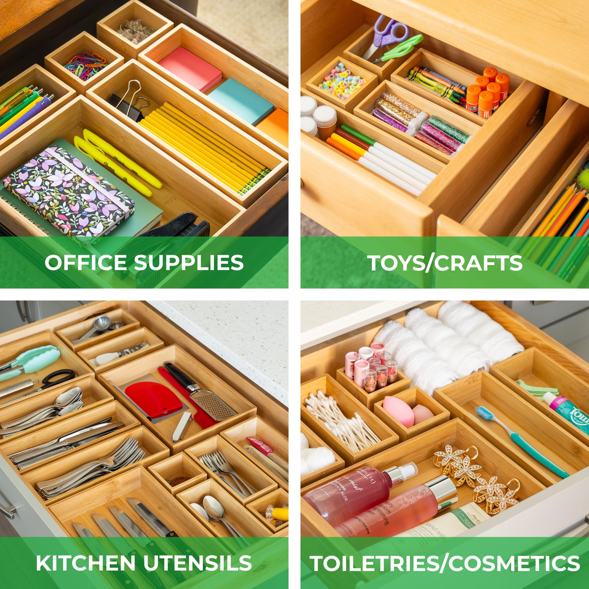 Grow Forward Bamboo Drawer Organizer Boxes - Wooden Drawer Organizers for Kitchen, Bathroom, Office, Desk, Vanity, Makeup - Non-Slip Junk Drawer Organizer Trays for Storage and Organization
