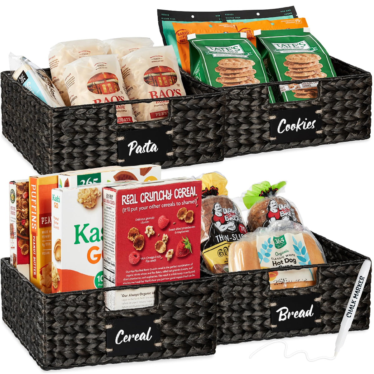 Best Choice Products Set of Woven Water Hyacinth Pantry Baskets w/Chalkboard Label, Chalk Marker