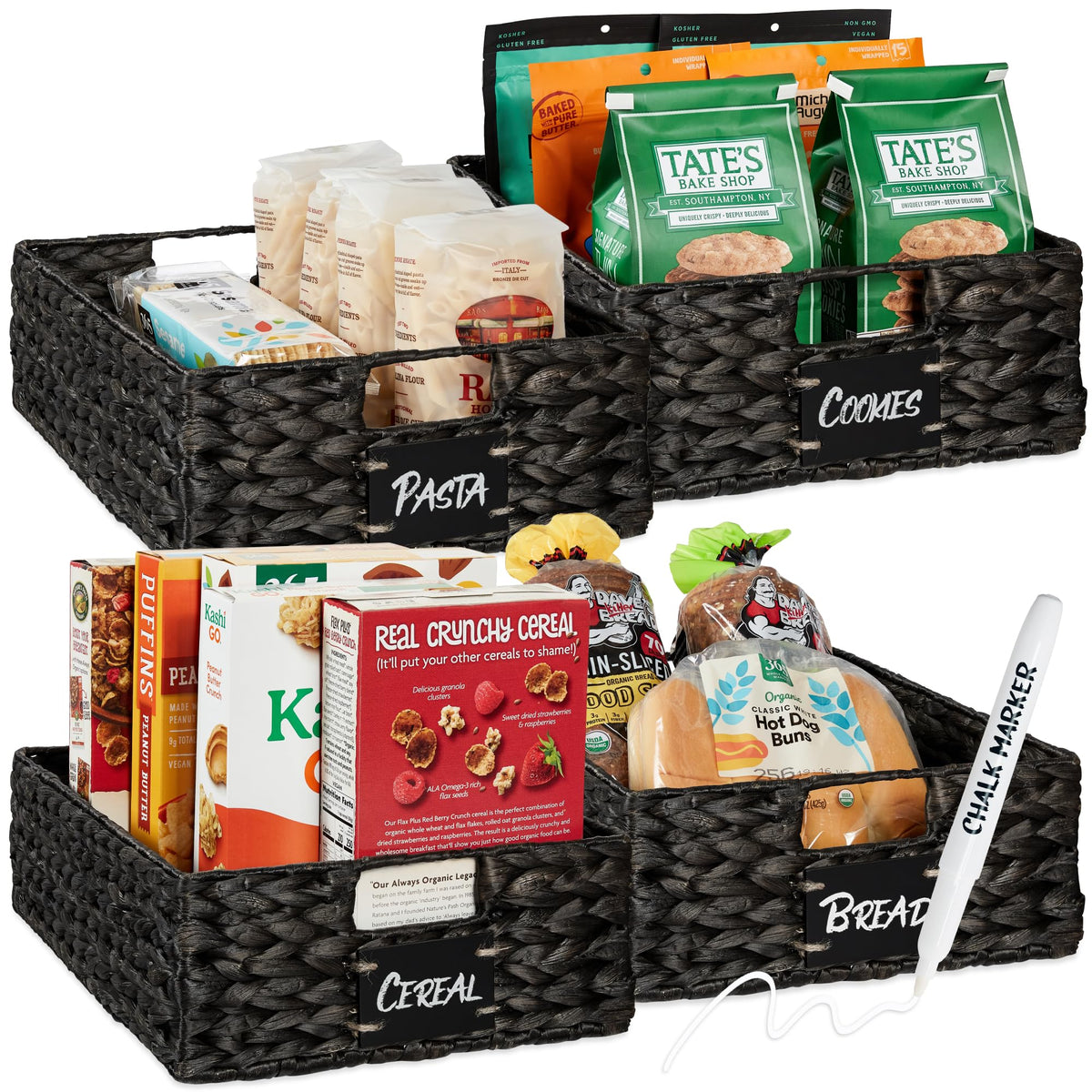 Best Choice Products Set of Woven Water Hyacinth Pantry Baskets w/Chalkboard Label, Chalk Marker
