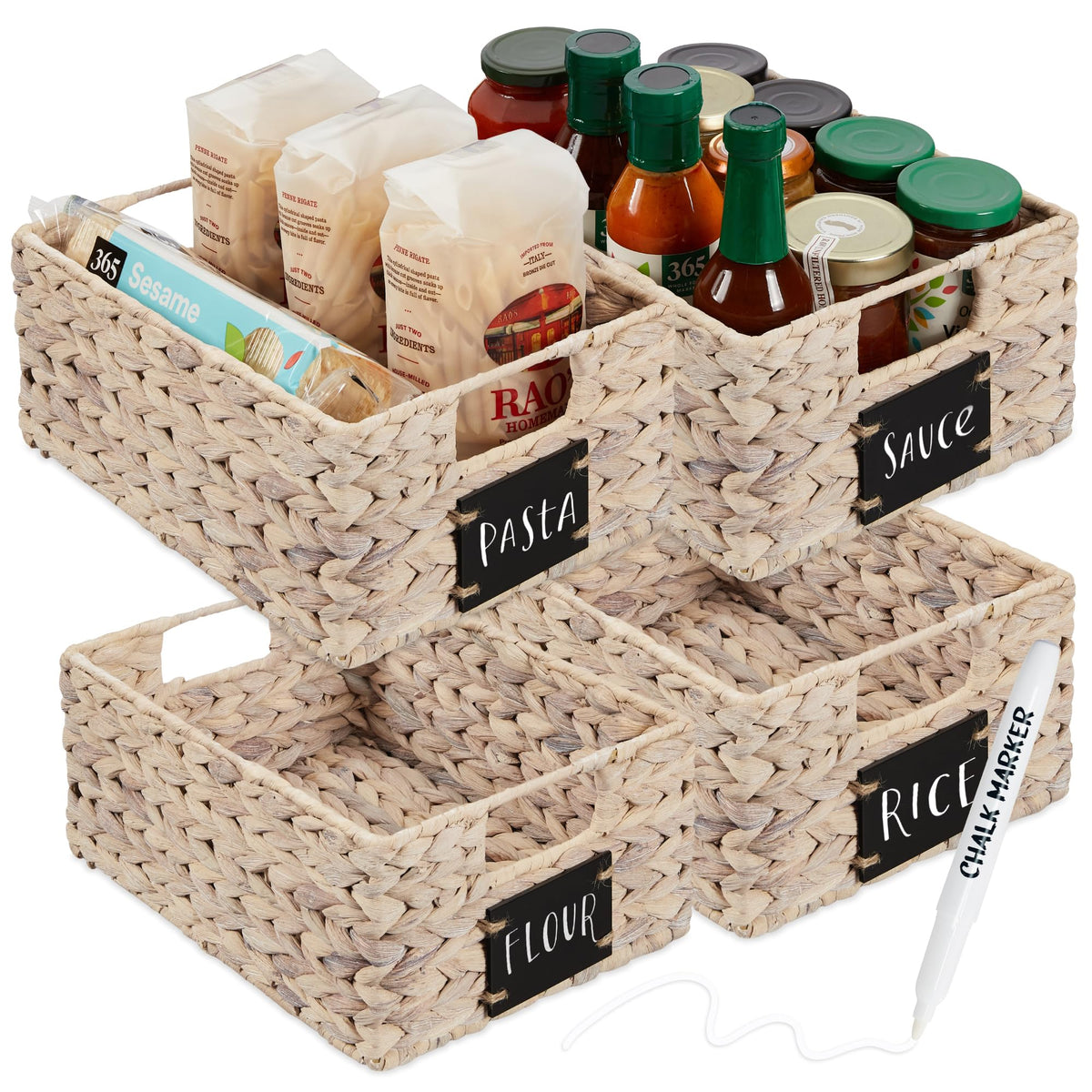 Best Choice Products Set of Woven Water Hyacinth Pantry Baskets w/Chalkboard Label, Chalk Marker