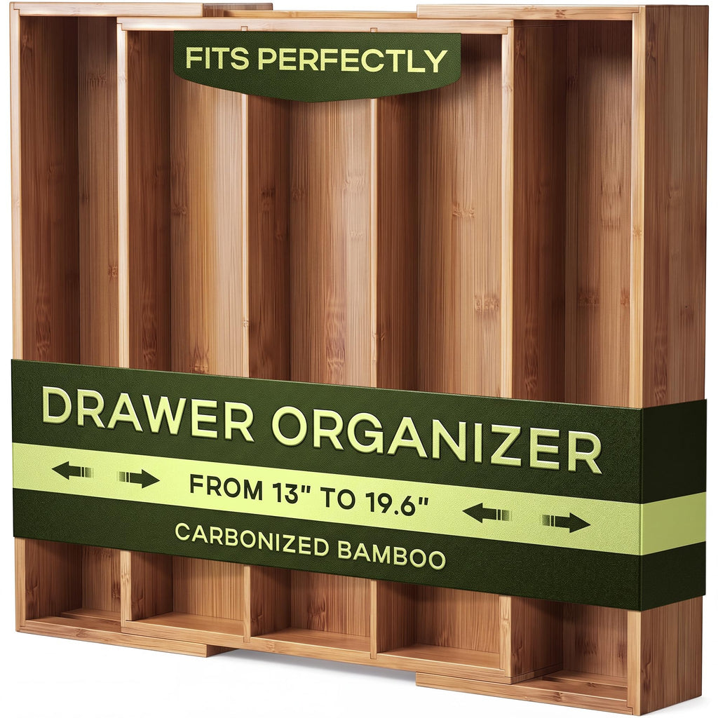 ROYAL CRAFT WOOD Luxury Bamboo Kitchen Drawer Organizer - Silverware Organizer - Utensil Holder and Cutlery Tray with Grooved Drawer Dividers for Flatware and Kitchen Utensils